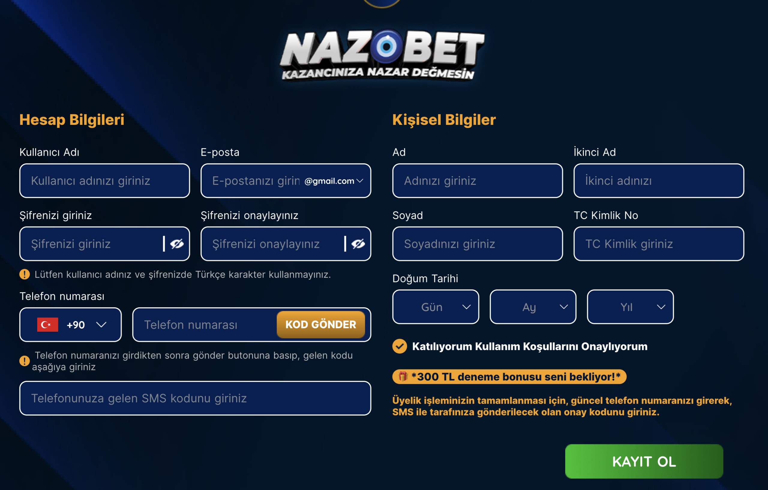 Nazobet Üyelik İşlemleri